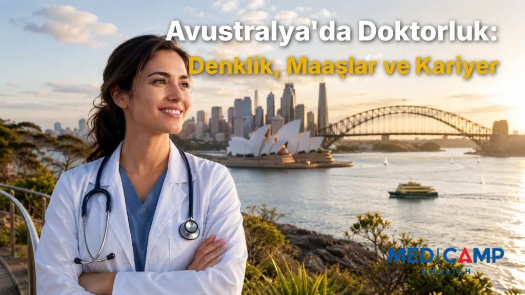 Avustralya’da doktorluk temasını yansıtan, Sydney Opera Binası ve Harbour Bridge manzarası önünde stetoskoplu kadın doktor.