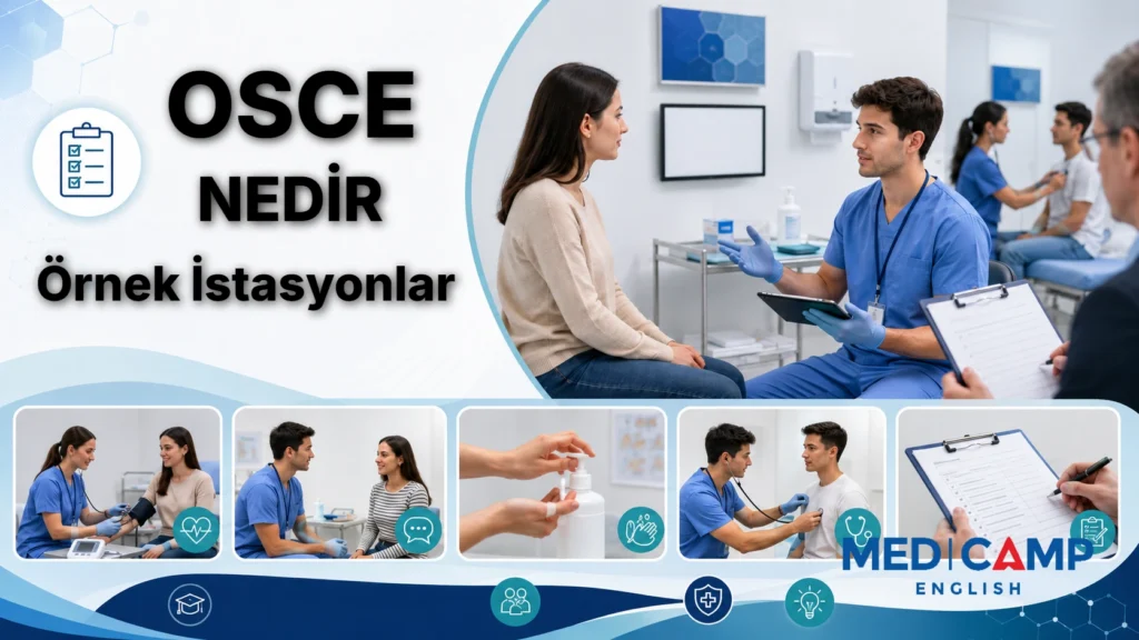 OSCE klinik beceri sınavında hasta iletişimi, fizik muayene, vital bulgu ölçümü ve değerlendirme istasyonlarını gösteren sağlık çalışanları.