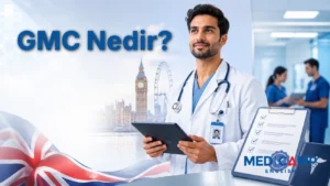 Londra simgeleri eşliğinde, elinde tablet tutan genç bir doktor ve GMC kaydını çağrıştıran kontrol listesi ile İngiltere’de doktorluk temasını yansıtan profesyonel kapak görseli.