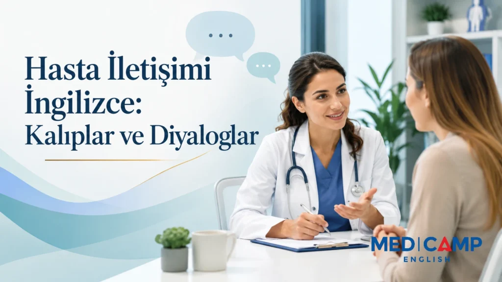 Doktor ve hastanın klinik ortamında yüz yüze iletişim kurduğu, hasta iletişiminde İngilizce kalıplar ve diyalogları temsil eden görsel.