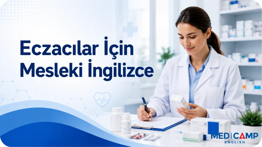 Eczanede ilaç kutularını inceleyerek not alan bir eczacı ve “Eczacılar İçin Mesleki İngilizce” başlığı.