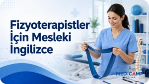 Fizyoterapi kliniğinde egzersiz bandı tutan bir fizyoterapist ve “Fizyoterapistler İçin Mesleki İngilizce” başlığı.