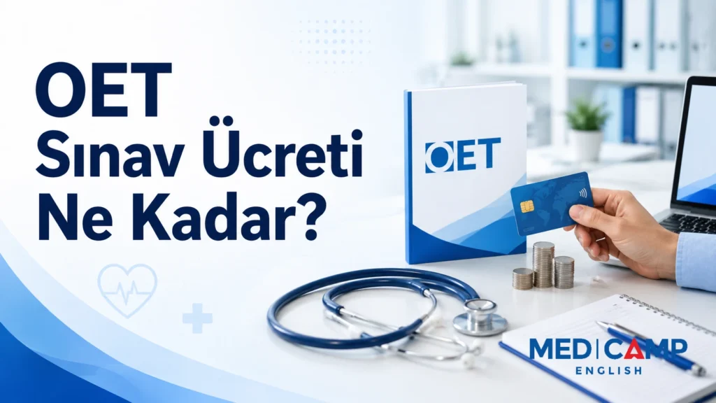 OET sınav ücretini temsil eden banka kartı, madeni paralar, stetoskop ve “OET Sınav Ücreti Ne Kadar?” başlıklı kapak görseli.
