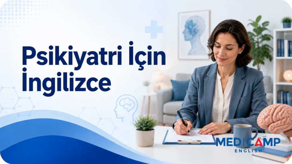 Ofis ortamında not alan bir psikiyatri uzmanı, beyin modeli ve “Psikiyatri İçin İngilizce” başlığının yer aldığı kapak görseli.