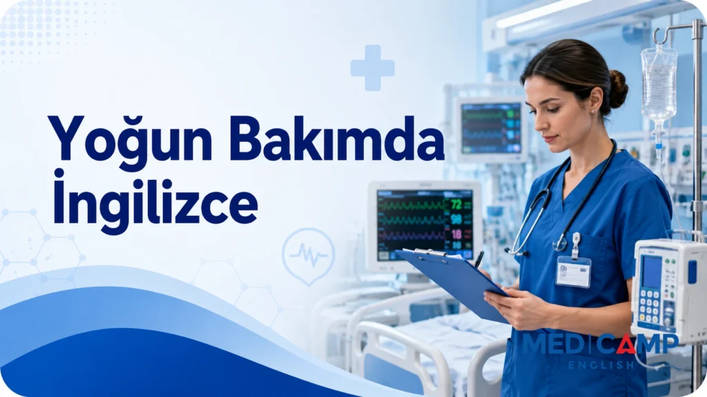 Yoğun bakım ünitesinde clipboard tutarak not alan bir sağlık çalışanı ve “Yoğun Bakımda İngilizce” başlığının yer aldığı kapak görseli.