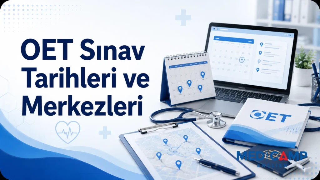 Takvim, harita üzerindeki konum işaretleri, OET materyalleri ve “OET Sınav Tarihleri ve Merkezleri” başlığının yer aldığı kapak görseli.