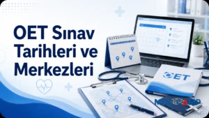 Takvim, harita üzerindeki konum işaretleri, OET materyalleri ve “OET Sınav Tarihleri ve Merkezleri” başlığının yer aldığı kapak görseli.