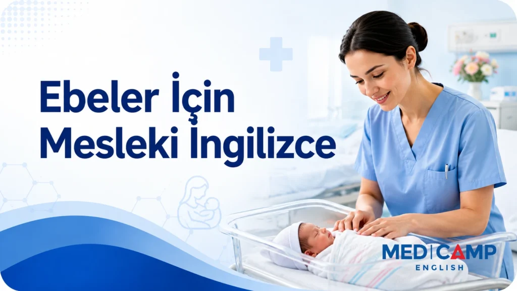 Yenidoğan bebeğin bakımını yapan bir ebe ve “Ebeler İçin Mesleki İngilizce” başlığının yer aldığı blog kapak görseli.
