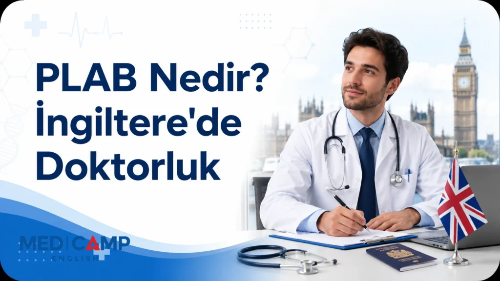 İngiltere’de doktorluğu temsil eden doktor, stetoskop, Birleşik Krallık bayrağı ve “PLAB Nedir? İngiltere'de Doktorluk” başlıklı kapak görseli.