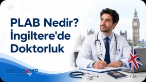 İngiltere’de doktorluğu temsil eden doktor, stetoskop, Birleşik Krallık bayrağı ve “PLAB Nedir? İngiltere'de Doktorluk” başlıklı kapak görseli.
