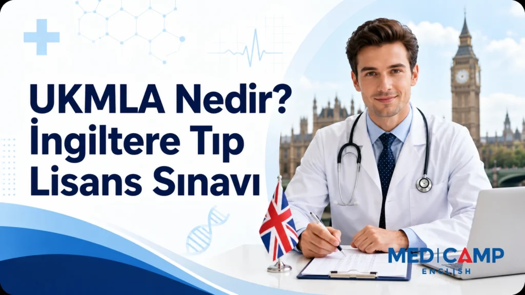 İngiltere’de tıp lisans sınavını temsil eden doktor, Birleşik Krallık bayrağı, sınav formu ve “UKMLA Nedir? İngiltere Tıp Lisans Sınavı” başlıklı kapak görseli.