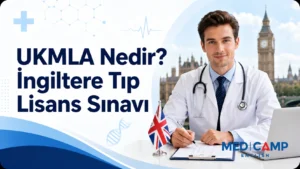 İngiltere’de tıp lisans sınavını temsil eden doktor, Birleşik Krallık bayrağı, sınav formu ve “UKMLA Nedir? İngiltere Tıp Lisans Sınavı” başlıklı kapak görseli.