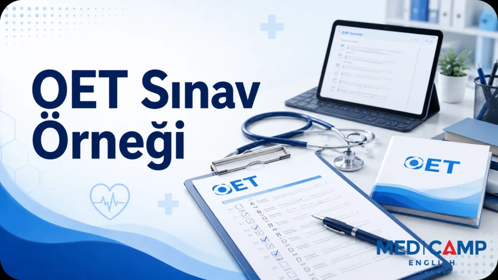 OET örnek sınav formu, tablet, stetoskop ve “OET Sınav Örneği” başlığının yer aldığı blog kapak görseli.