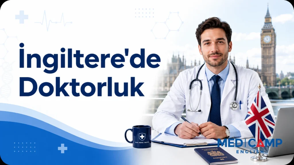 Londra manzarası önünde çalışan bir doktor, Birleşik Krallık bayrağı, pasaport ve “İngiltere'de Doktorluk” başlıklı kapak görseli.
