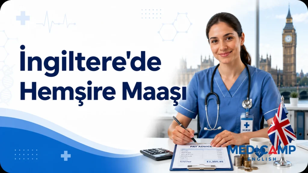 İngiltere’de çalışan bir hemşire, maaş bordrosu, madeni paralar, Birleşik Krallık bayrağı ve “İngiltere'de Hemşire Maaşı” başlıklı kapak görseli.