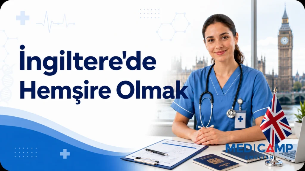 Londra manzarası önünde çalışan bir hemşire, Birleşik Krallık bayrağı, başvuru belgeleri ve “İngiltere'de Hemşire Olmak” başlıklı kapak görseli.