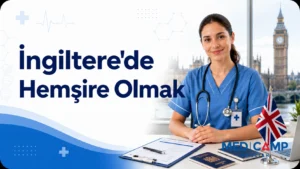 Londra manzarası önünde çalışan bir hemşire, Birleşik Krallık bayrağı, başvuru belgeleri ve “İngiltere'de Hemşire Olmak” başlıklı kapak görseli.