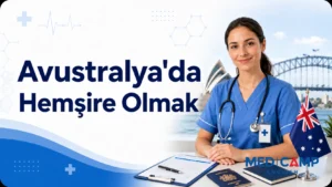Sidney manzarası önünde çalışan bir hemşire, Avustralya bayrağı, başvuru belgeleri ve “Avustralya’da Hemşire Olmak” başlıklı kapak görseli.
