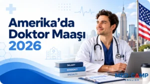New York silüeti önünde çalışan bir doktor, ABD bayrağı ve “Amerika’da Doktor Maaşı 2026” başlıklı kapak görseli.
