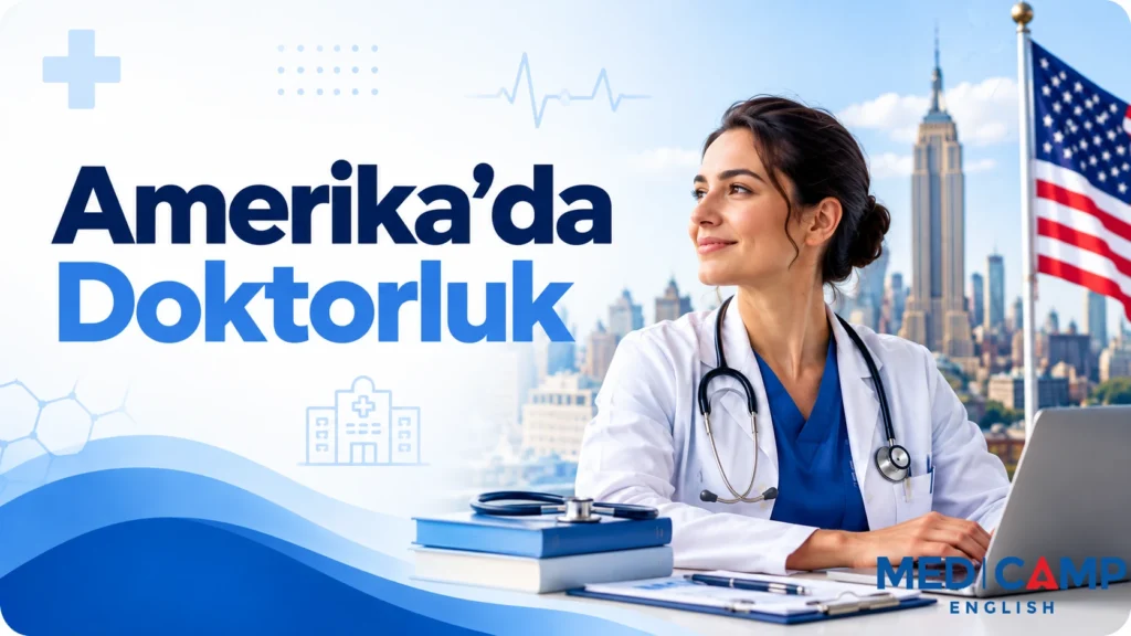 New York silüeti önünde çalışan bir doktor, ABD bayrağı ve “Amerika’da Doktorluk” başlıklı kapak görseli.